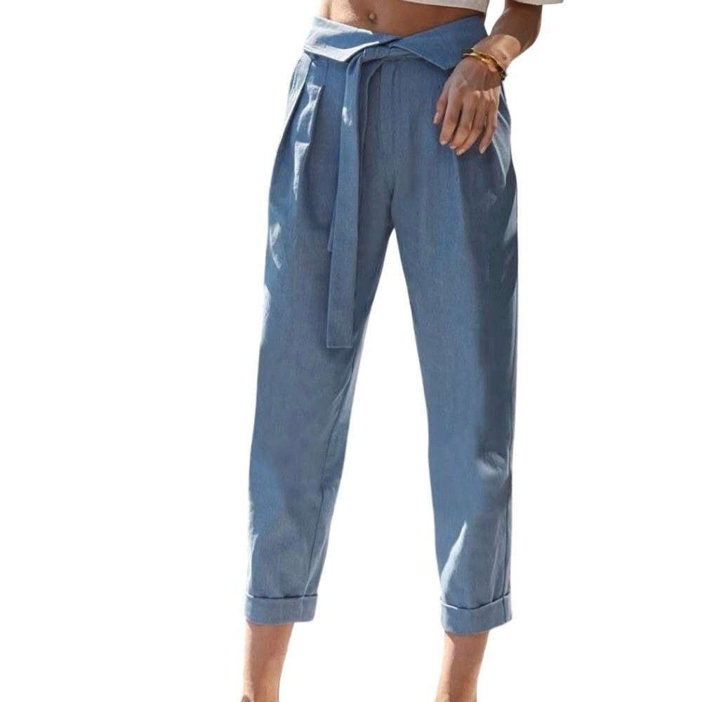 Choosy Womens High Waisted Paperbag Pants Blue Chambray Tie Waist Size 0 NWT